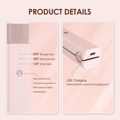 Close up of pink hair styling wand for women showing temperature settings and USB charging port