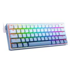Compact mini mechanical gaming keyboard with RGB backlit keys in white and blue design