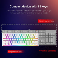 Mini mechanical gaming keyboard with 61 keys showing compact design compared to a standard full keyboard