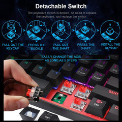 Close-up of mini mechanical gaming keyboard with detachable switch being replaced step-by-step