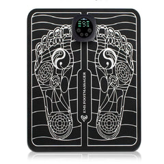 Black EMS foot massager mat with white reflexology foot design and digital control panel