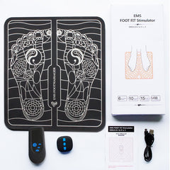 EMS foot massager black foot pad with remote controls USB cable and user manual laid out next to the packaging box