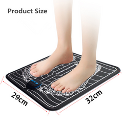 EMS foot massager mat showing product size with feet positioned on a 29 by 32 cm pad