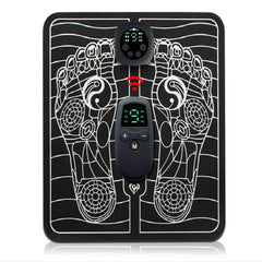 Black EMS foot massager with digital controls and foot reflexology design for pain relief