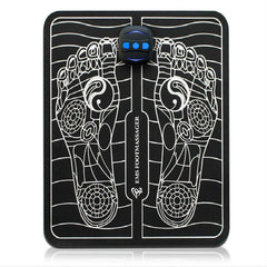 Black EMS foot massager mat with white foot reflexology design and remote control