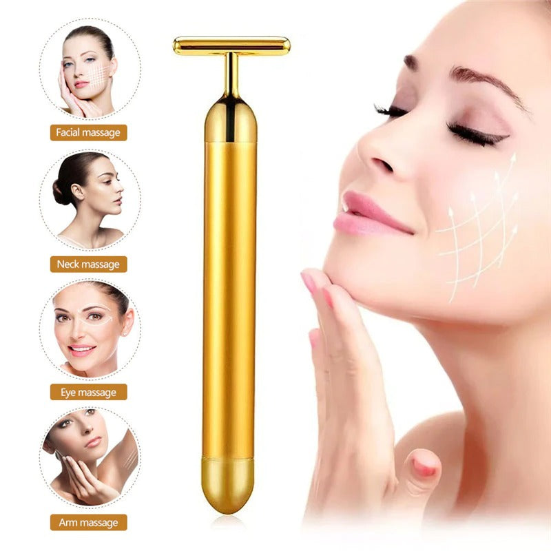 24k gold facial roller for facial, neck, eye, and arm massage with a sleek golden design