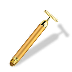 Sleek 24k gold facial roller with T-shaped head and smooth golden handle for skincare massage