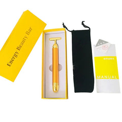 24k gold facial roller in yellow Energy Beauty Bar box with black pouch and user manual