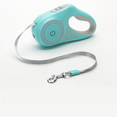 Blue LED lighted dog leash with retractable gray strap and ergonomic handle for safe nighttime walks