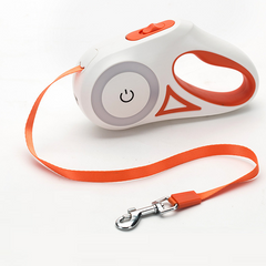 White and orange LED lighted dog leash with retractable handle and metal clasp for secure pet walking