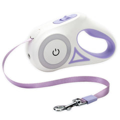 White and purple LED lighted dog leash with retractable ribbon and ergonomic handle