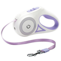 White and purple LED lighted dog leash with retractable tape and ergonomic handle