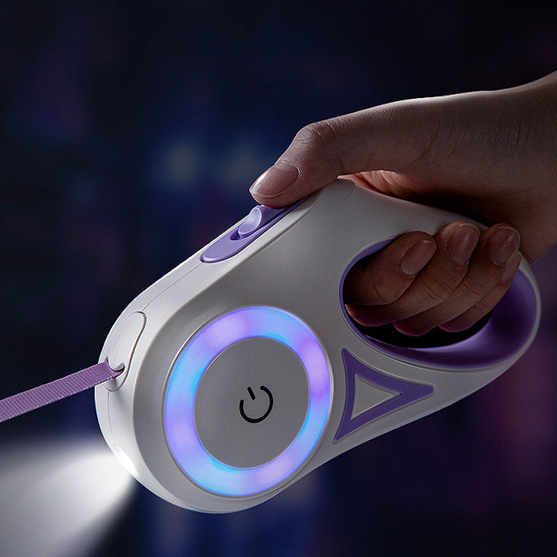 Hand holding a white and purple LED lighted dog leash with illuminated control button and built-in flashlight