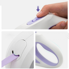 Close-up views of a white and purple LED lighted dog leash showing the button, leash slot, and handle grip