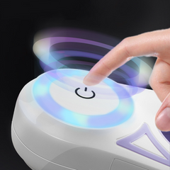 Close-up of finger pressing power button on LED lighted dog leash with glowing blue lights