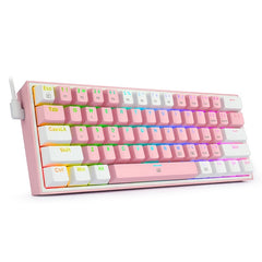 Pink and white mini mechanical gaming keyboard with RGB backlighting and compact design