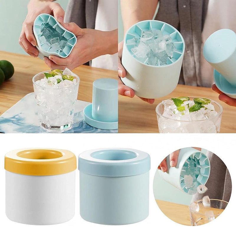 Portable silicone ice maker bucket in blue and yellow with easy ice release and compact design