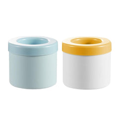Two portable silicone ice maker bucket containers with blue and yellow lids for easy ice making