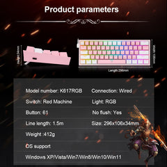 Mini mechanical gaming keyboard with RGB lighting and red machine switches showing size and specs