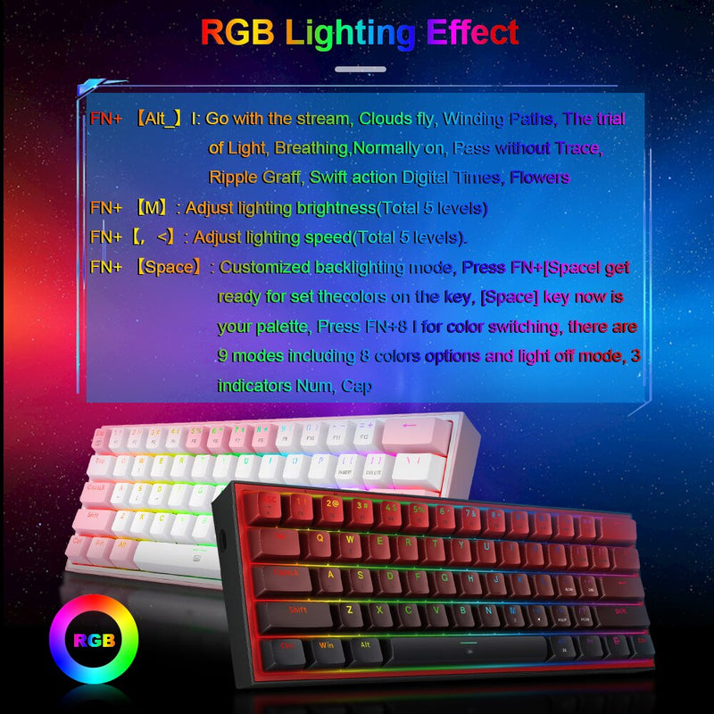 Mini mechanical gaming keyboard with customizable RGB lighting effect in black and white designs