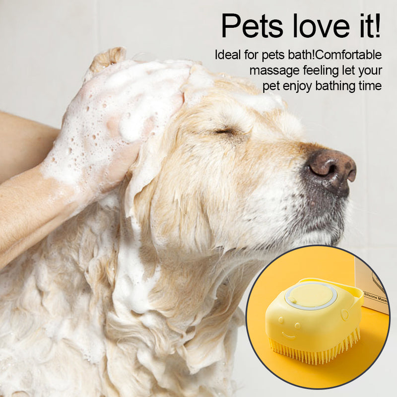Soft silicone dog brush used to gently massage and wash a golden retriever during bath time
