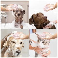 Soft silicone dog brush used to wash various dogs and a cat with soap foam in grooming bath
