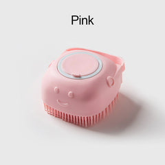 Pink soft silicone dog brush with gentle bristles and ergonomic handle for easy grooming