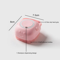 Pink soft silicone dog brush with shampoo dispensing design and non slip hand grip