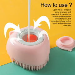 Soft silicone dog brush in pink showing how to pour shampoo inside with removable lid
