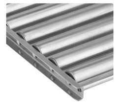 Close-up of stainless steel hot dog roller with multiple polished rollers on metal frame