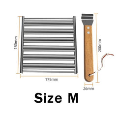 Medium size stainless steel hot dog roller with wooden handled spatula and dimensions